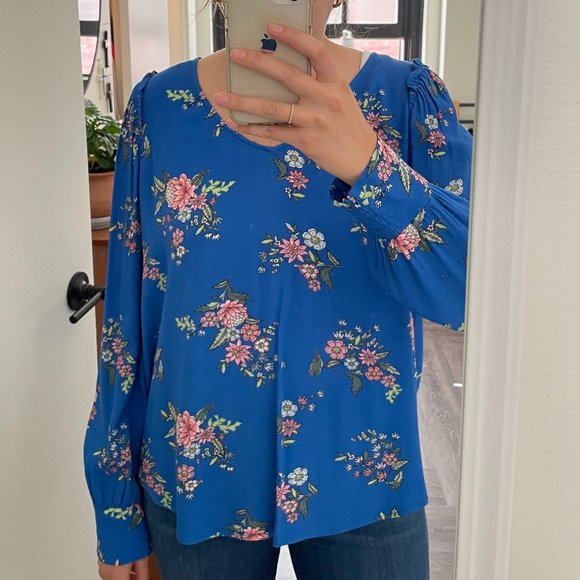 Ann Taylor LOFT, Size M, Cobalt Blue Blouse with Floral Pattern - Picture 1 of 3